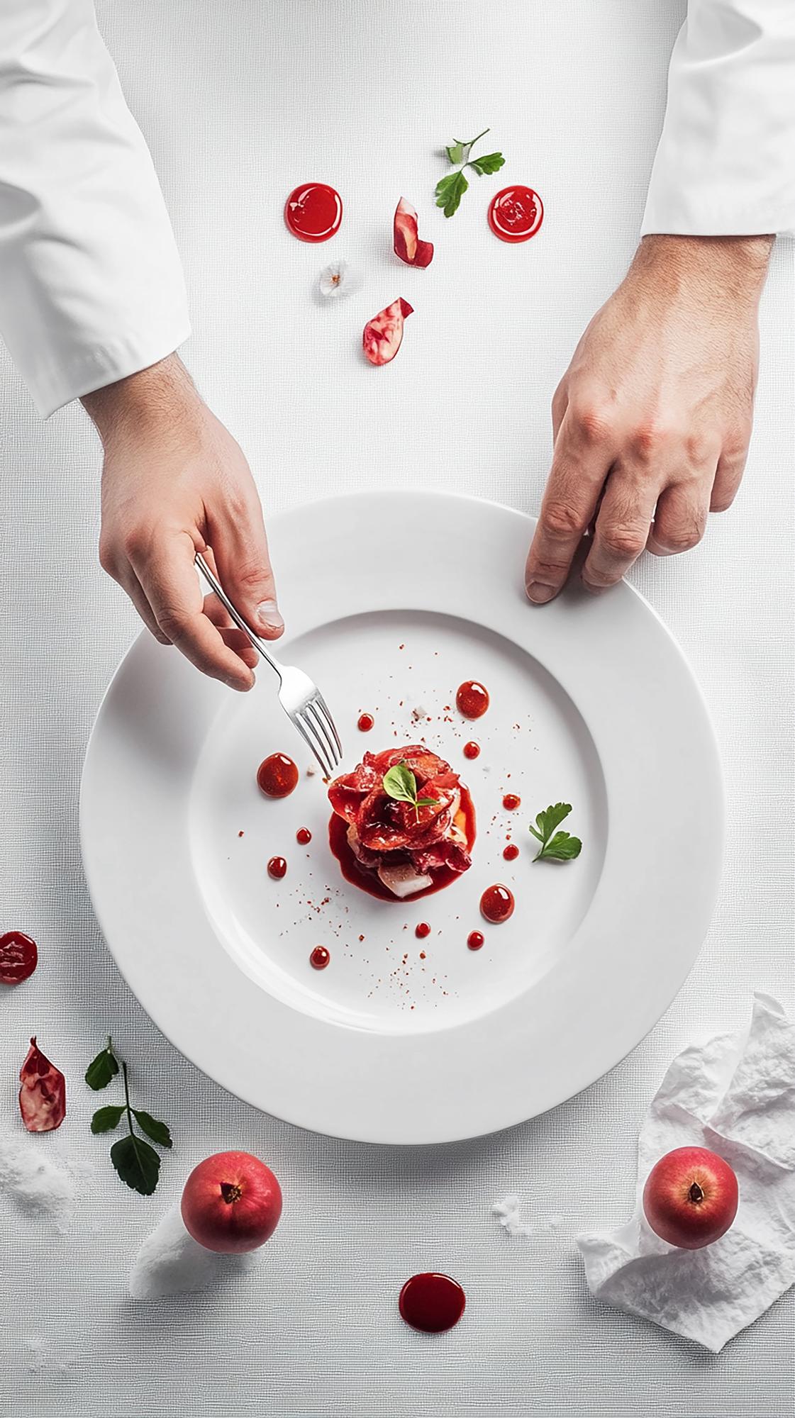 chef hands arranging final touch