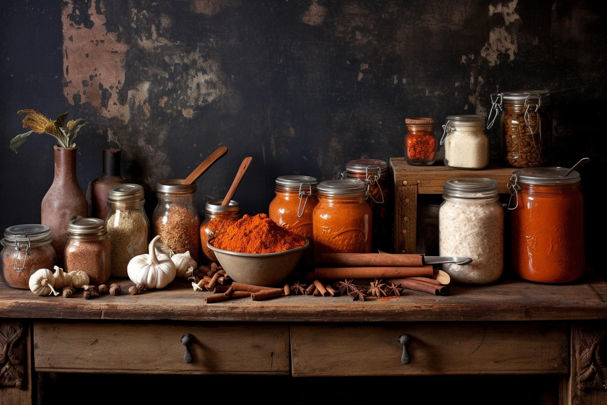 rustic pantry with jars and spices